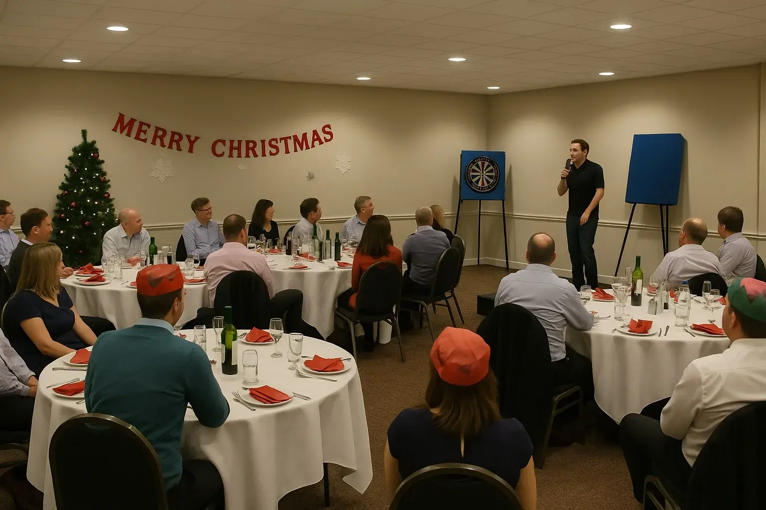 A quiet office Christmas party with guests sat at tables